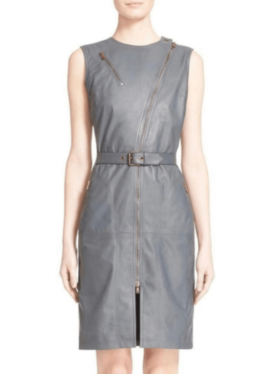 Womens Real Lambskin Grey Leather Dress With Long Zipper & Belt, Front Slit, Party-wear dress