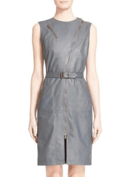 NOORA Womens Real Lambskin Grey Leather Dress With Long Zipper & Belt | Front Slit | Party-wear dress | ST075 — standardized studio hero