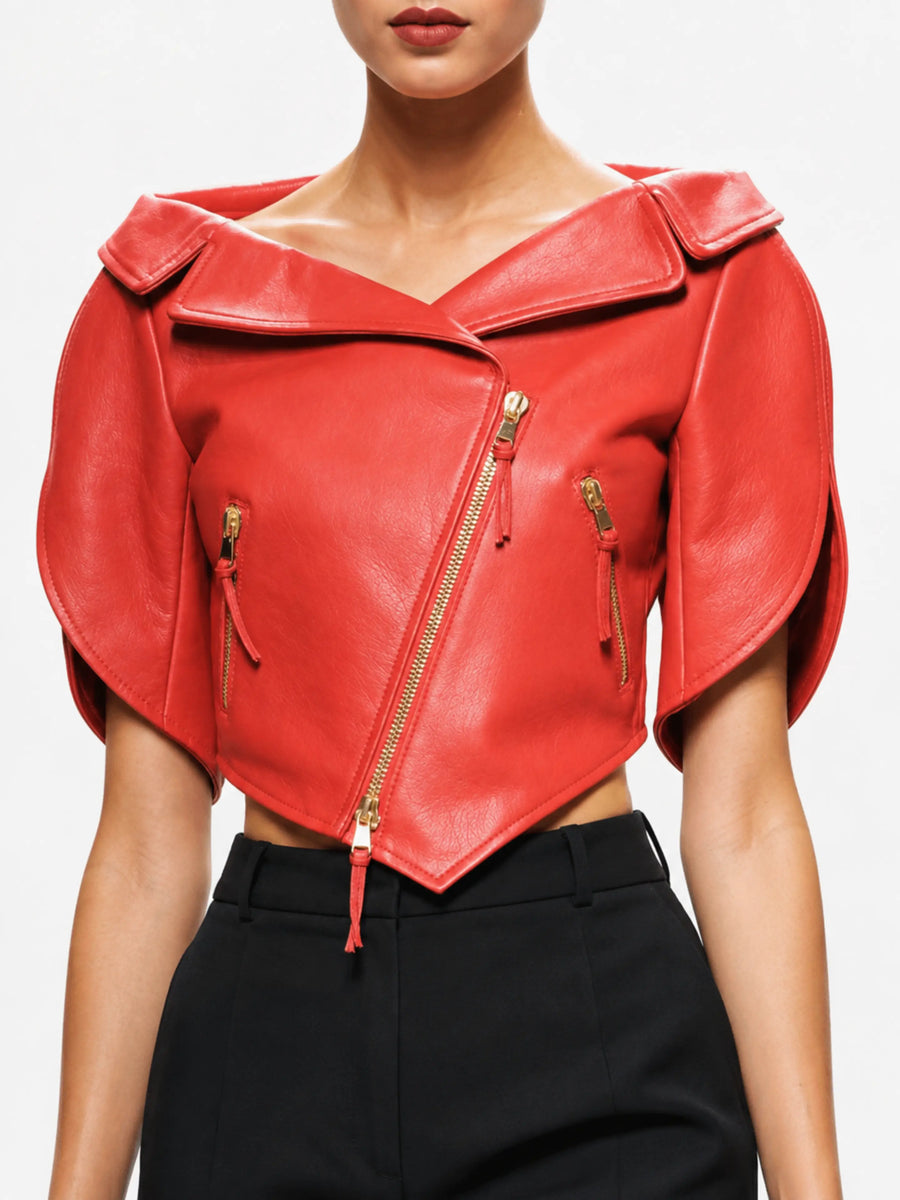 Womens Lambskin Leather Peplum Style Red Leather Jacket With Zipper, Cropped Leather Jacket, Slim