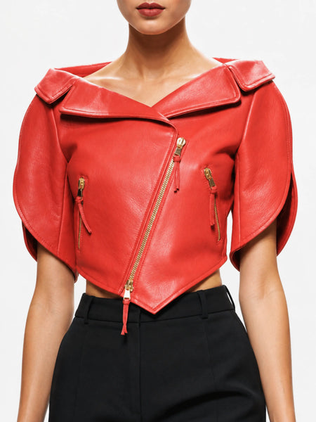 Noora Womens Lambskin Leather Peplum Style Red Leather Jacket With Zipper | Cropped Leather Jacket | Slim Fit Jacket |  ST031 — standardized studio hero