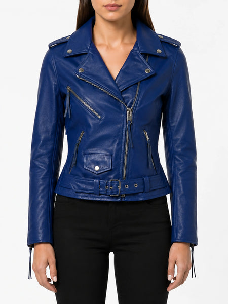 NOORA Womens Lambskin Leather Navy Blue Biker Jacket With Zipper & Pocket | Shoulder Strap | Belted Jacket | ST025 — standardized studio hero