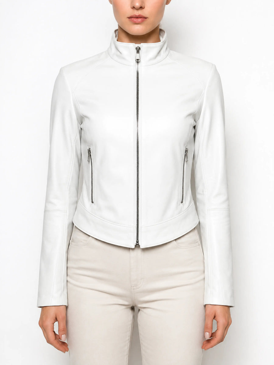 Womens White Leather Biker Crop Jacket, Slim Fit Jacket, Motorcycle Jacket With Zipper