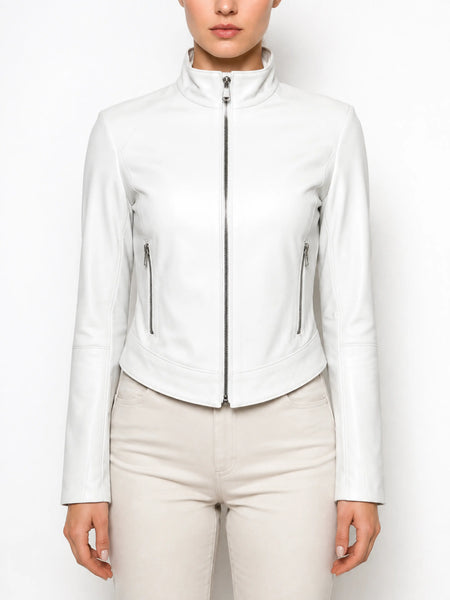 NOORA Womens White Leather Biker Crop Jacket  | Slim Fit Jacket | Motorcycle  Jacket With Zipper | ST024 — standardized studio hero