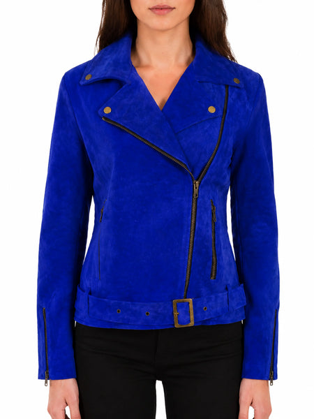 NOORA Womens Lambskin Leather Midnight Blue Suede Biker Jacket With Zipper | Snap On Collar | Belted Jacket | rt789 — standardized studio hero
