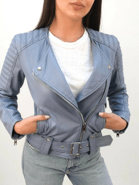 NOORA Womens Powder Blue Leather Quilted Biker Jacket With Zipper & Pocket | Belted | Snap On Collar | Zip On Sleeves | — standardized studio hero