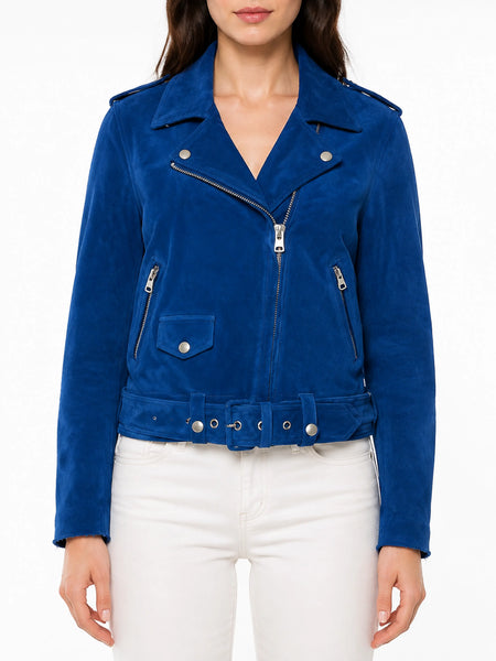 NOORA Womens Lambskin Blue Suede Belted Biker Jacket With Zipper & Pocket | Shoulder Strap | Snap On Collar | rt159 — standardized studio hero