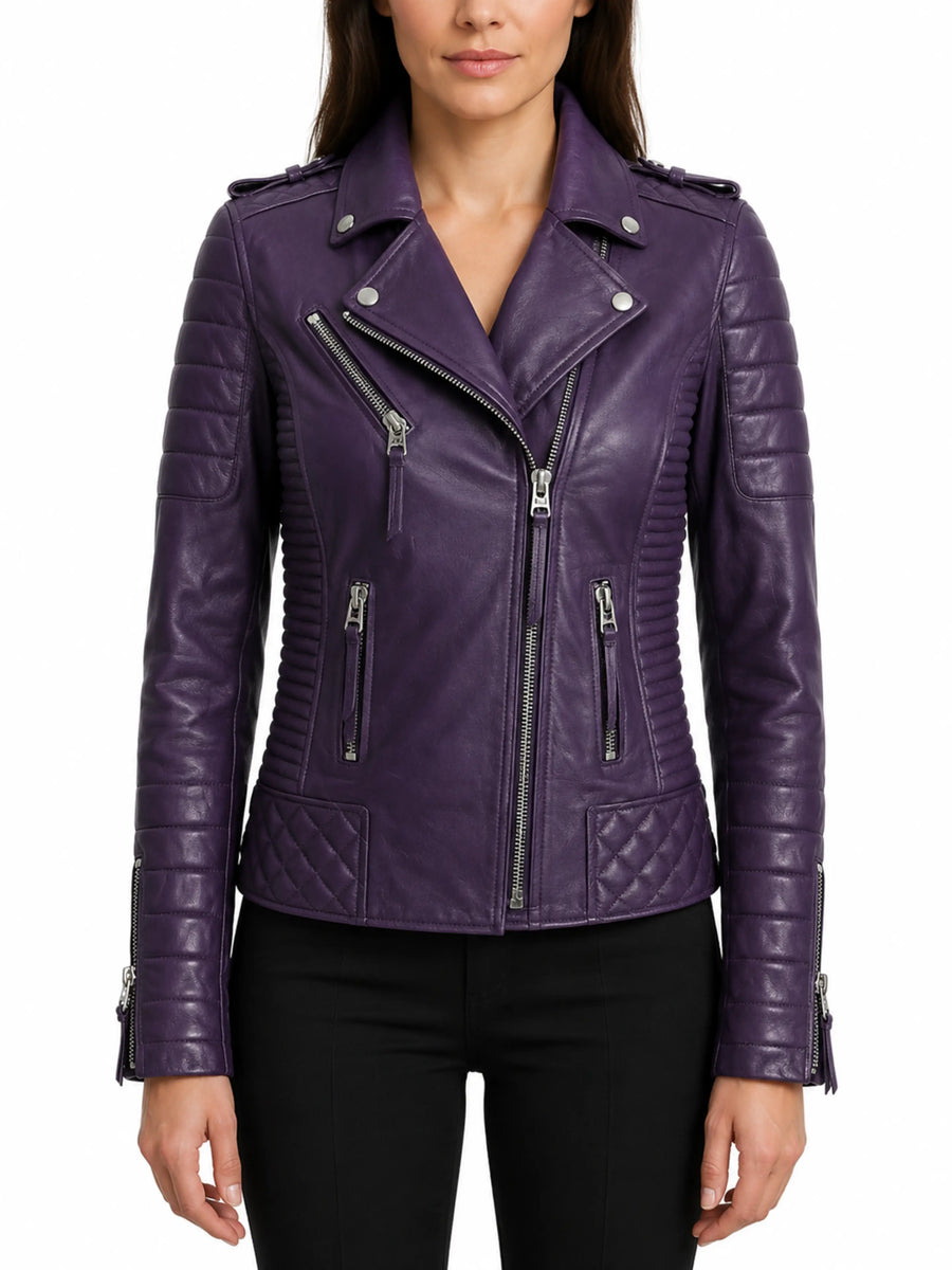 Womens Lambskin Purple Leather Biker Quilted Jacket With Zipper & Pocket, Snap On Collar, Belted