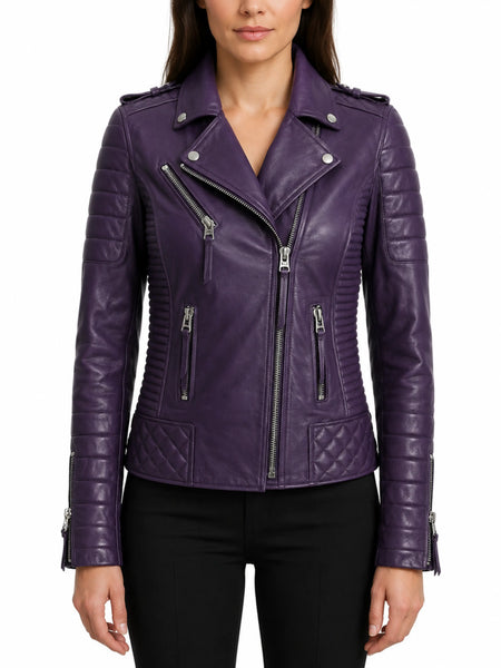 NOORA Womens Lambskin Purple Leather Biker Quilted Jacket With Zipper & Pocket | Snap On Collar | Belted Jacket | RT445 — standardized studio hero