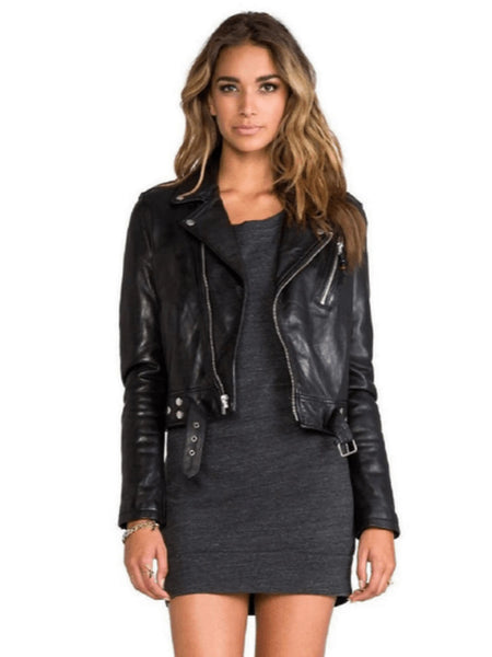 NOORA Womens Lambskin Black Leather Cropped Biker Jacket  With Zipper & Pockets | Belted Jacket  | Zip On Sleeves | ST036 — standardized studio hero