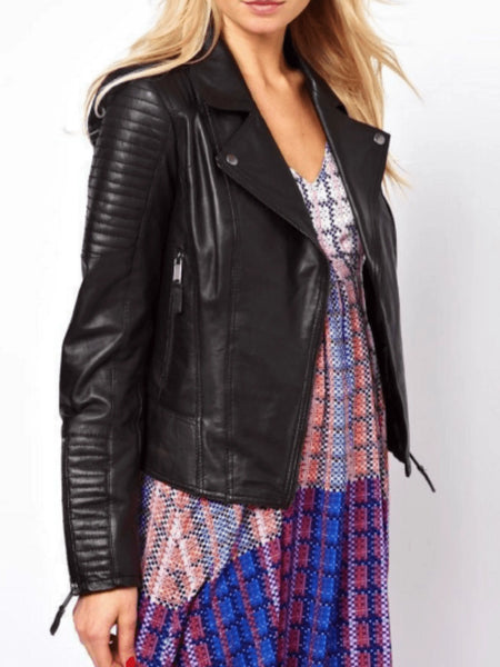 NOORA Womens New Gorgeous  Lambskin Leather Black Motorcycle Quilted Jacket With Zipper & Pocket | Gift For Her | ST022 — standardized studio hero