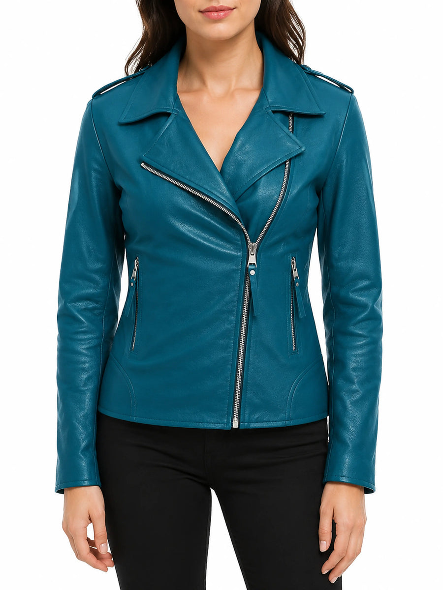 Womens Lambskin Ocan Blue Leather Biker Jacket With Zipper & Pocket, Shoulder Strap, Full Sleeves