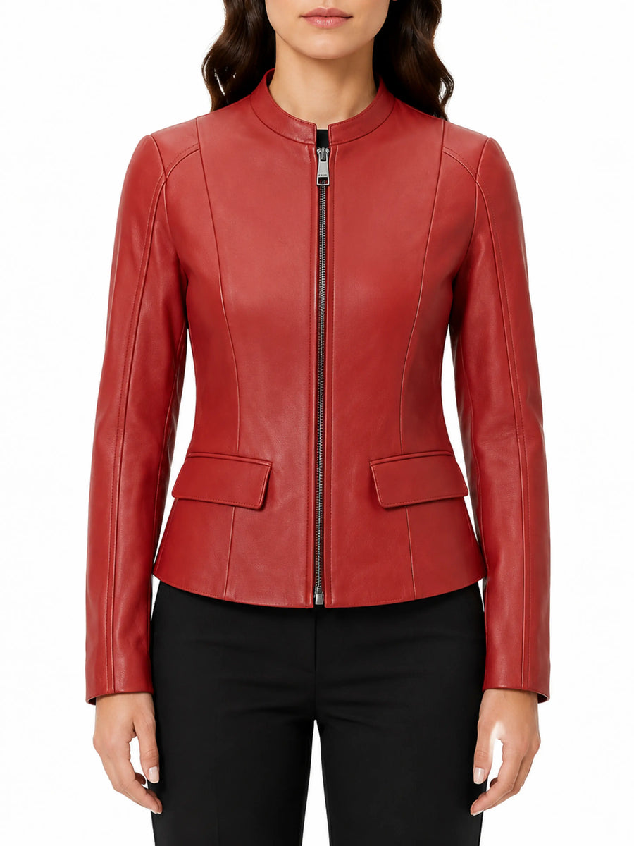 Womens Lambskin Red Leather Motorcycle Jacket With Zipper & Pocket, Belted Jacket