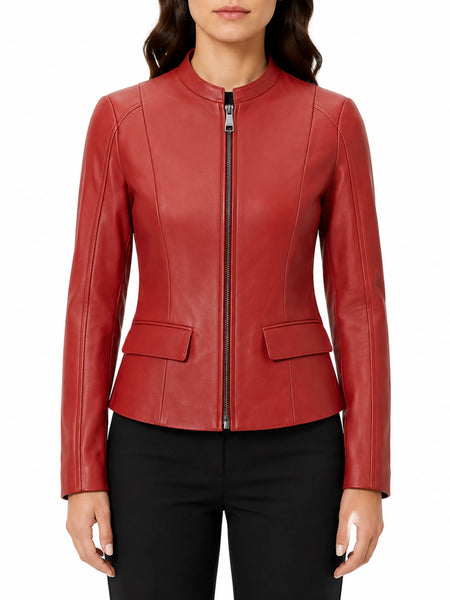 Noora Womens Lambskin Red Leather Motorcycle Jacket With Zipper & Pocket, Belted Jacket — standardized studio hero