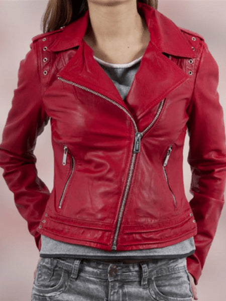 NOORA Womens Lambskin Stylish Red Leather Jacket With Zipper & Pocket | Red Jacket With Eyelet | Slim Fit Jacket | ST038 — standardized studio hero