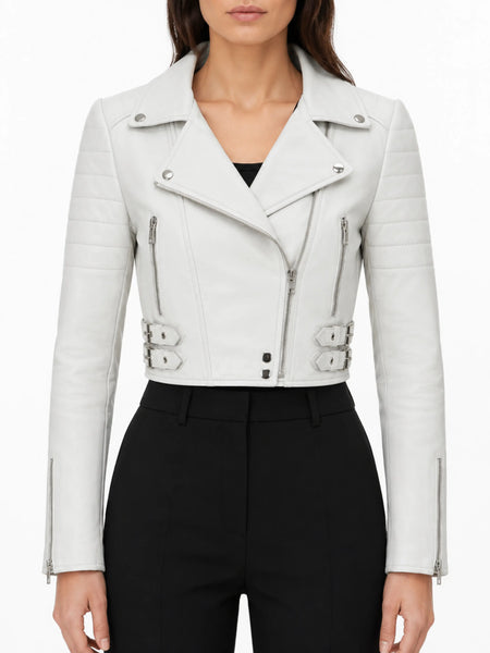 NOORA Womens White Leather Cropped Biker jacket With Zipper & Pocket | Zip On Sleeves | Belted Jacket | Snap On Collar — standardized studio hero