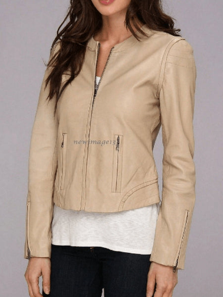 NOORA Womens Lambskin Beige Leather Crop Slim Fit Jacket With Zipper & Pocket | Zip On Sleeves | ST051 — standardized studio hero