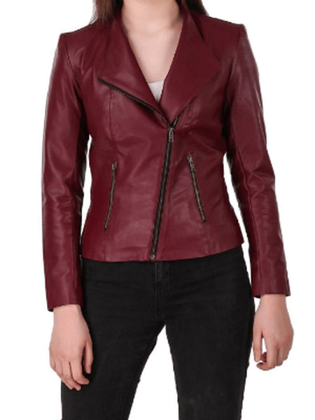 NOORA Womens Lambskin Maroon Leather Jacket With Zipper & Pocket | Slim Fit Jacket | ST072 — standardized studio hero