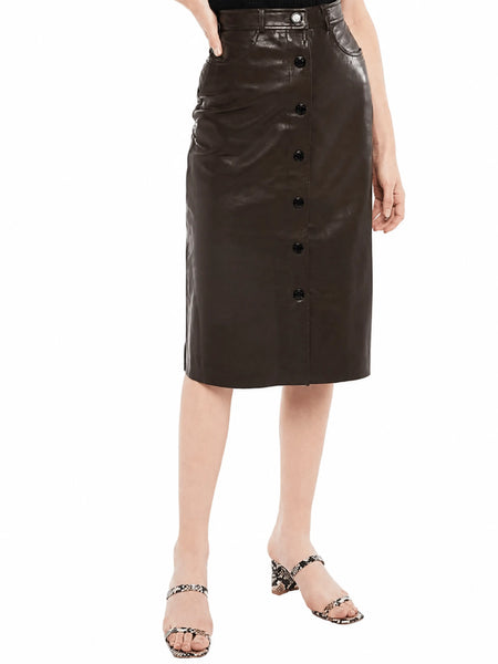 Noora New Women's Dark Brown Long Straight Line Leather Skirt With Button Closure | Dark Brown Knee Length Leather Skirt | SU0106 — belly-to-toes white-studio product hero