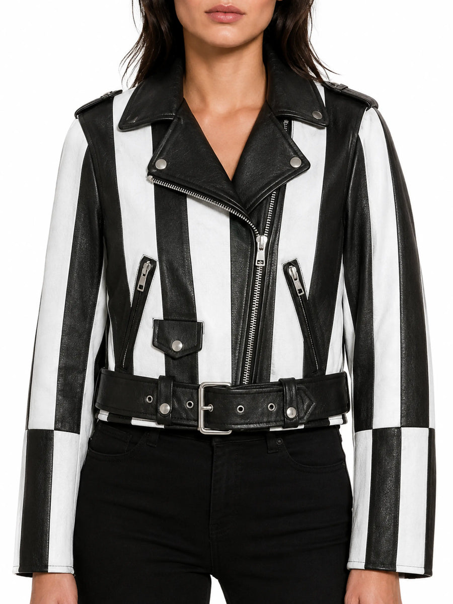Black & White Zebra Style Strips Leather Jacket, Chessboard style Vintage Womens Leather Jacke
