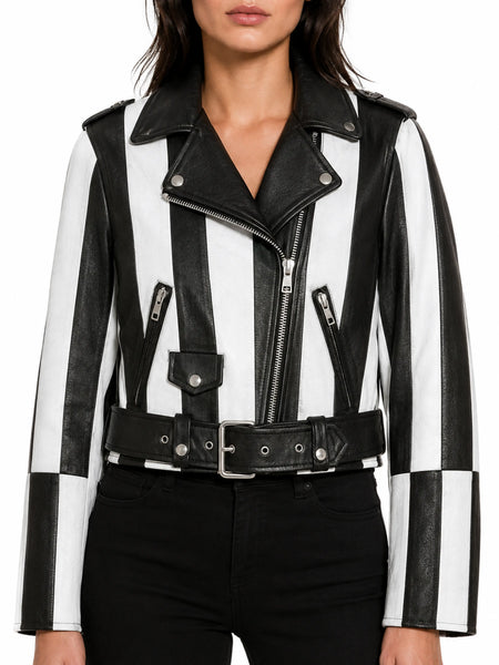 NOORA Black & White Zebra Style Strips Leather Jacket, Chessboard style Vintage Womens Leather Jacke - standardized hero