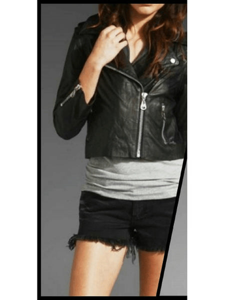 NOORA Womens Lambskin Leather Black Cropped Hoodie Style Biker Jacket With Zipper & Pocket | Shoulder Strap | — standardized studio hero