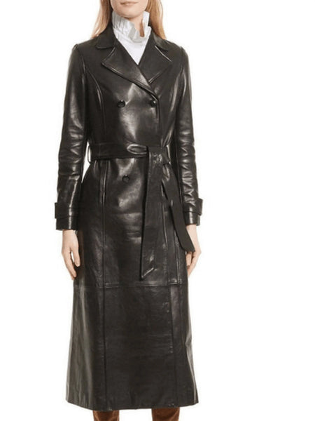 NOORA Womens Lambskin Black Leather Long trench Coat With Button | Belted Trench Coat | Winter Wear Trench Coat | ST0101 — standardized studio hero