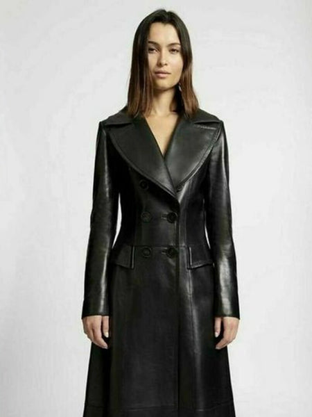Noora Womens Lambskin Leather Black Trench Coat With Pockets MJ37 — standardized studio hero