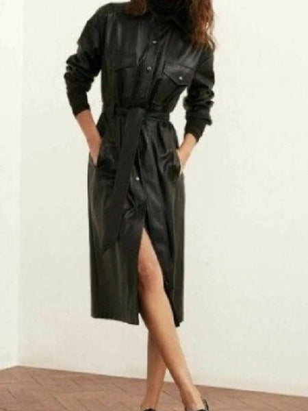 Noora Women Leather TRENCH Coat | Lambskin BLACK Short Overcoat | 1970's Leather Belted Western Style Celebrity Winter Coat | Gift For Girls | RTS01 — standardized hero