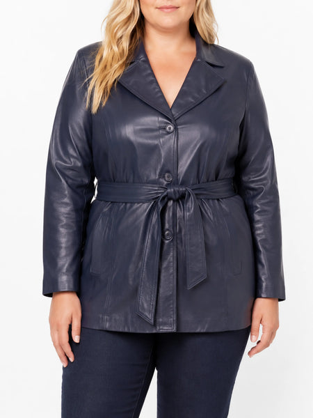 NOORA Womens Blue Belted Leather Trench Coat | Plus Size Trench Coat With Button Closure | Navy Blue Leather Trench Coat SU0170 — standardized studio hero