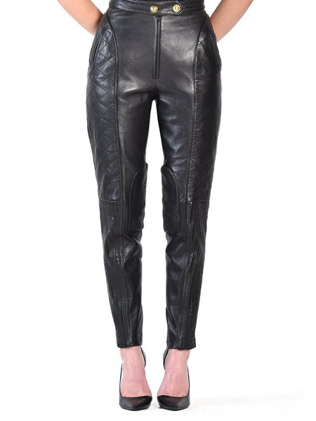 NOORA Womens Lambskin Black Leather Quilted Full Pant With Zipper | Womens Biker Pant | Trousers Leggings | High Waisted Pant | ST0358 — belly-to-toes white-studio product hero