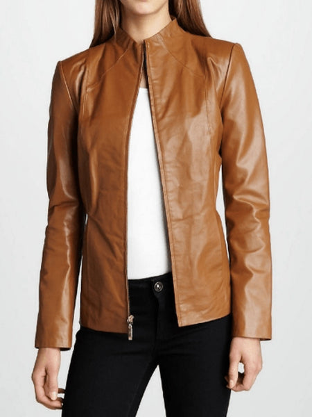 NOORA Women Real Lambskin Tan Leather Biker Jacket With Zipper | Slim Fit Jacket | Full Sleeves | ST076 — standardized hero