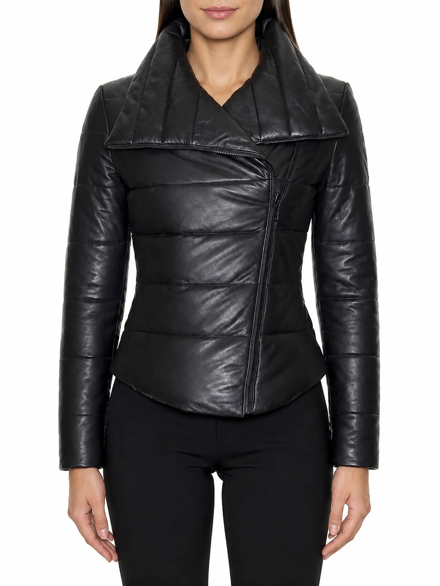 Womens Black Leather Puffer Quilted Jacket With Side Zipper & Pocket, Zip Up Leather jacket