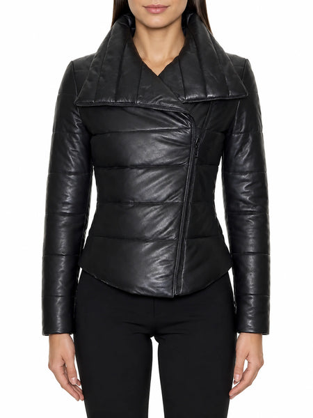 NOORA Womens Black Leather Puffer Quilted Jacket With Side Zipper & Pocket | Zip Up Leather jacket | JS34 — standardized studio hero