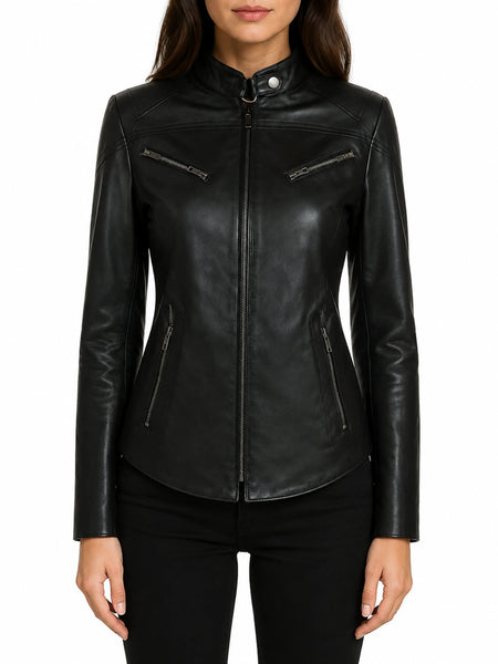 Noora Women's & Girls Leather jacket, Ladies Black Leather Biker Jacket, Casual Slim Fit Jacket, Glossy Party Jacket YK17 — standardized studio hero
