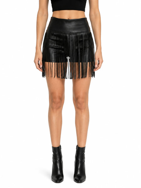 NOORA Womens Lambskin Black Leather Fringe Style Shorts | Mini Shorts | Biker Shorts | Slim Fit Shorts |  ST0353 — belly-to-toes white-studio product hero