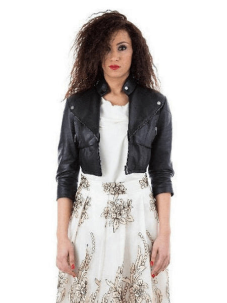 NOORA Womens Lambskin Black Leather Motor Biker Jacket With Zipper & Pockets | Cropped Jacket | Gift For Her | ST043 — standardized studio hero