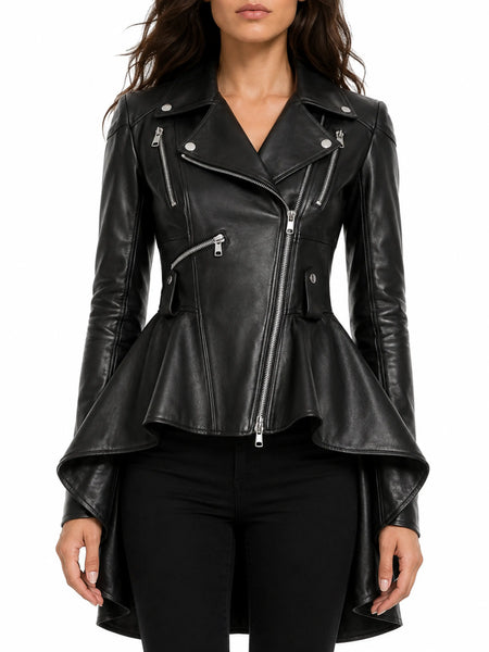 NOORA Womens Lambskin Black Leather Flare Dress Jacket With Zipper | Celebrity Style Ottamae Dress | Snap On Collar | rt363 — standardized studio hero