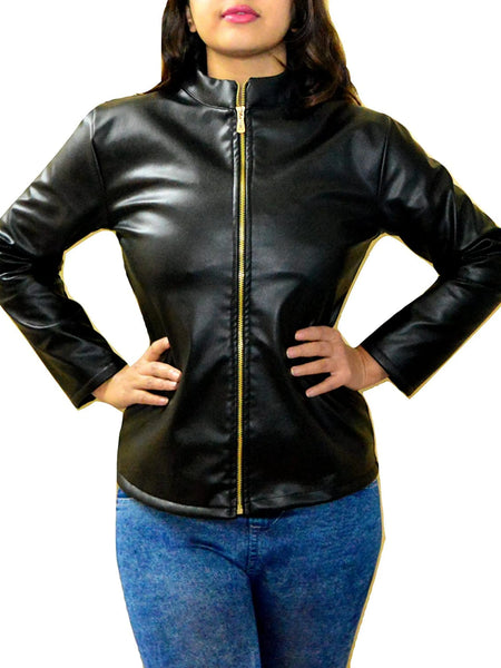 NOORA Womens Lambskin Black Leather Motocycle Jacket With Zipper & Chinese Collar Slim Fit Biker Jacket JS17 — standardized studio hero