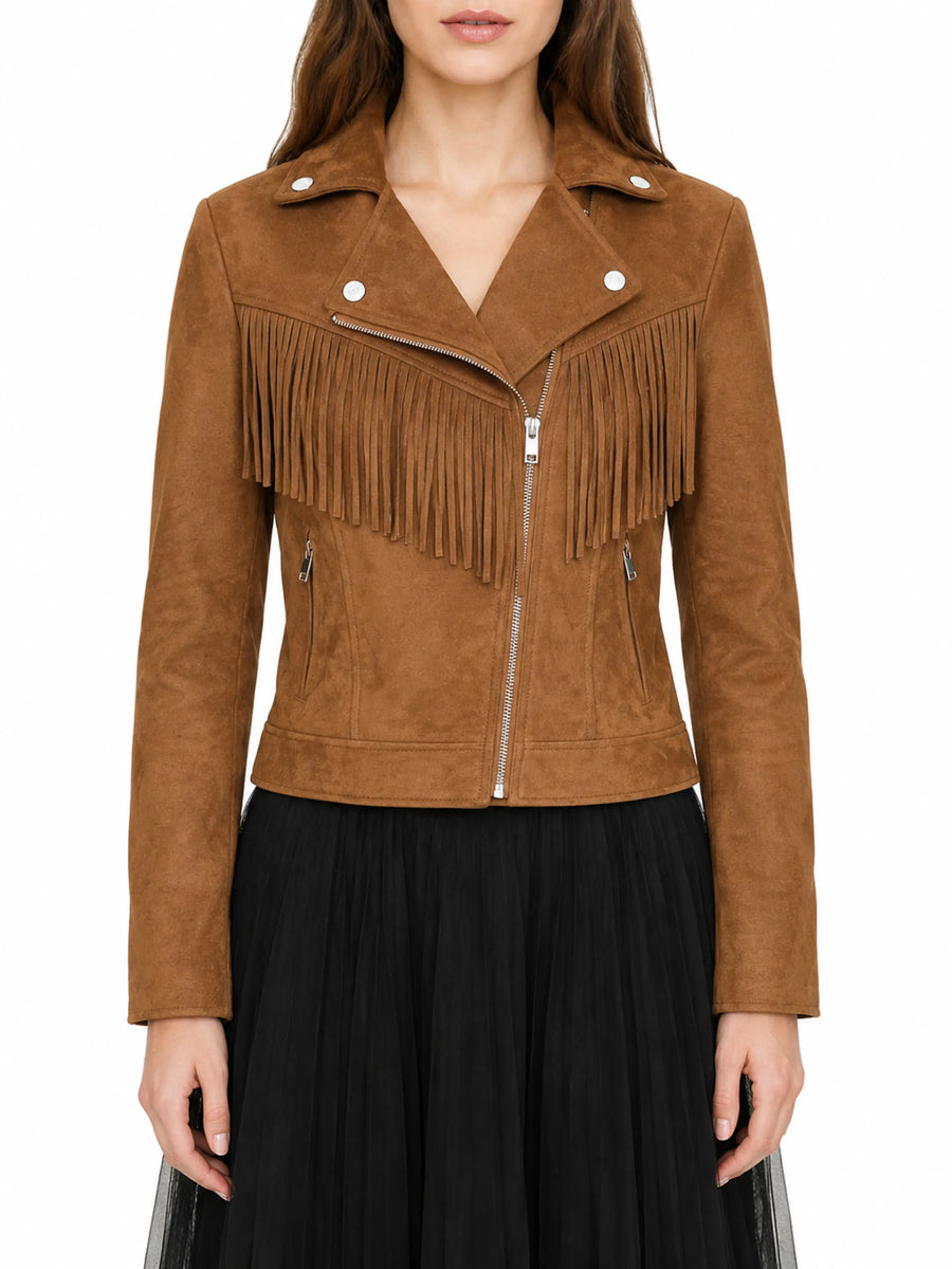 Womens Lambskin Brown Suede Fringe Jacket With Zipper & Pocket, Back Fringe