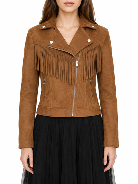 NOORA  Womens Lambskin Brown Suede Fringe Jacket With Zipper & Pocket | Back Fringe |  UT083 - standardized hero