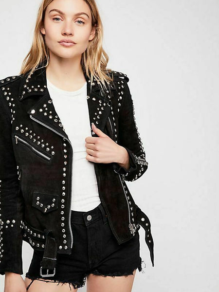 NOORA Women's American Style Black Suede Silver Studded Biker Jacket With Zipper & Pocket | Belted Jacket | Shoulder Strap | ST0401 — standardized studio hero