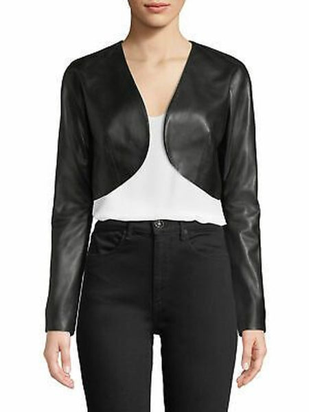 Noora Women's Black Lambskin Crop Leather Jacket | Designer Black Leather Jacket SU013 — standardized studio hero