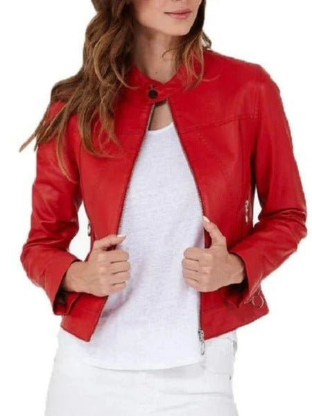 Noora Women's Real Lambskin Leather Jacket, Women Red Leather Biker Jacket, Winter Gift for Ladies — standardized studio hero