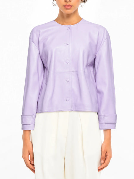 Noora Women's Lambskin Lavender Leather Dress, Handmade Casual Collarless Short Dress, Western Outfit Leather Dress — standardized studio hero