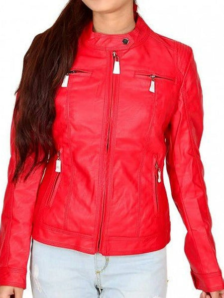 NOORA Womens Lambskin Red Leather Quilted Biker Jacket With Zipper & Pocket | Band Collar | Slim Fit jacket | RT147 — standardized studio hero