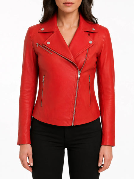 NOORA Womens Lambskin Red Leather Jacket, Motorcycle Jacket, Slim Fit Winter Jacket,YK0246 — standardized studio hero