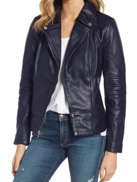Noora New Women Lambskin Navy Blue Leather Jacket, Slim Fit Motorcycle Biker Stylish Jacket YK063 — standardized leather jacket hero