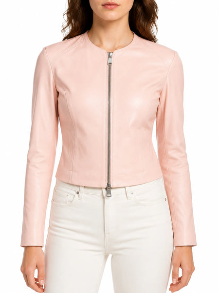 Noora Women's Lambskin Baby Pink Leather Motorcycle Jacket With Zipper & Chinese Collar Slim Fit Biker Jacket SN022 — standardized studio hero