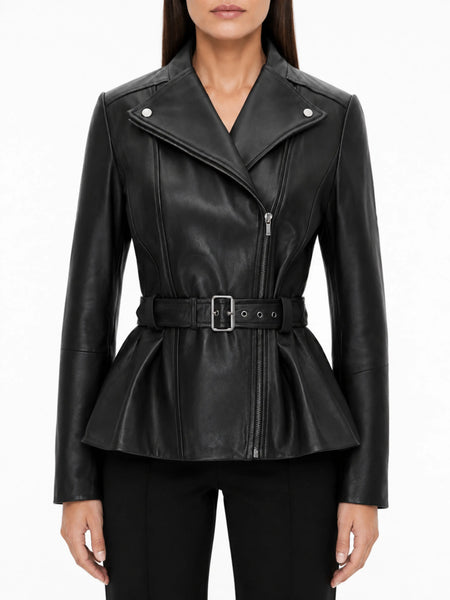 NOORA Womens Lambskin Leather Peplum Style Black Belted Jacket  With Zipper | Snap On Collar | ST0102 — standardized studio hero