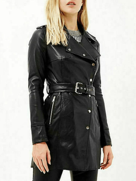 NOORA Womens Lambskin Black Leather  Belted Mini Trench Coat With Zipper & Pocket | Shoulder Strap | ST095 — standardized studio hero
